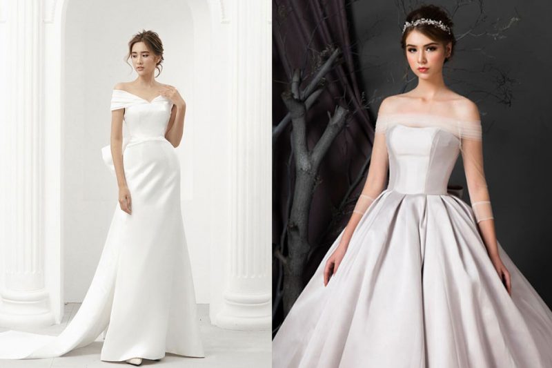 #1 Bí quyết chọn váy cưới trễ vai vải satin