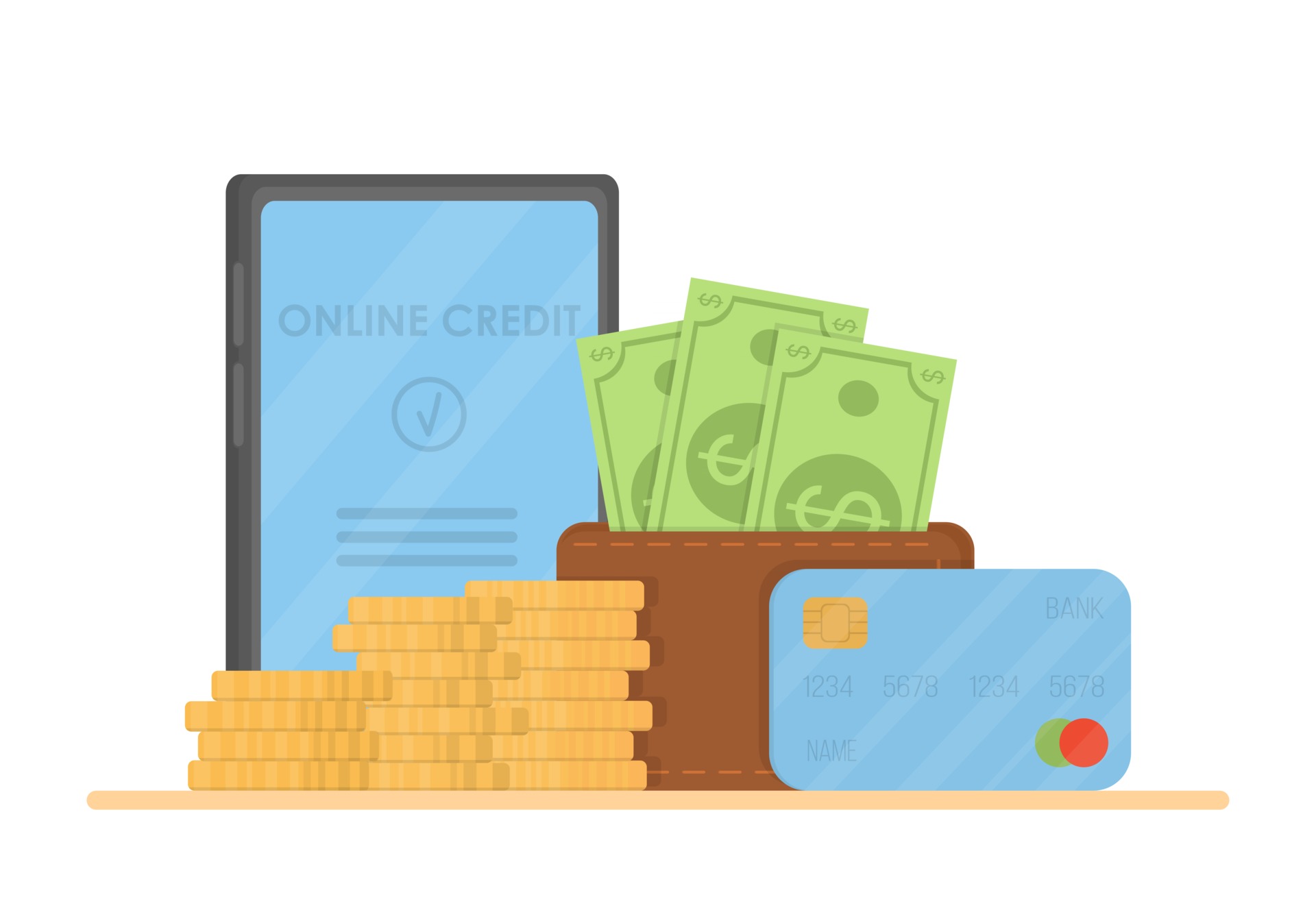 Banking business concept. Online loan confirmation. A phone with a confirmed bank loan on the screen, a stack of money, a credit card and a wallet with dollar bills. Vector illustration in