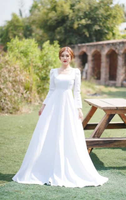 Váy cưới,dạ hội thiết kế cổ vuông tay dài - siêu đẹl | Shopee Việt Nam